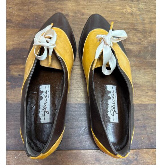 Glacée Vintage Italian Leather Women's Size 8 1/2 Lace Up Shoe Two Toned Brown - Picture 4 of 11